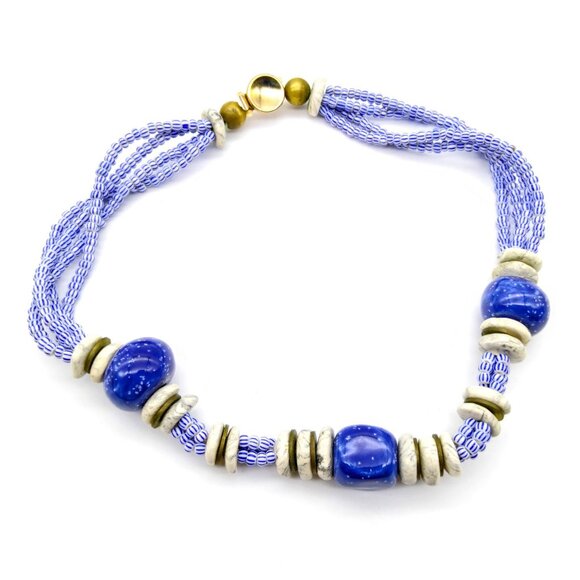 Glazed Ceramic Beaded Choker Necklace in Bright Blue and White - Picture 3 of 3